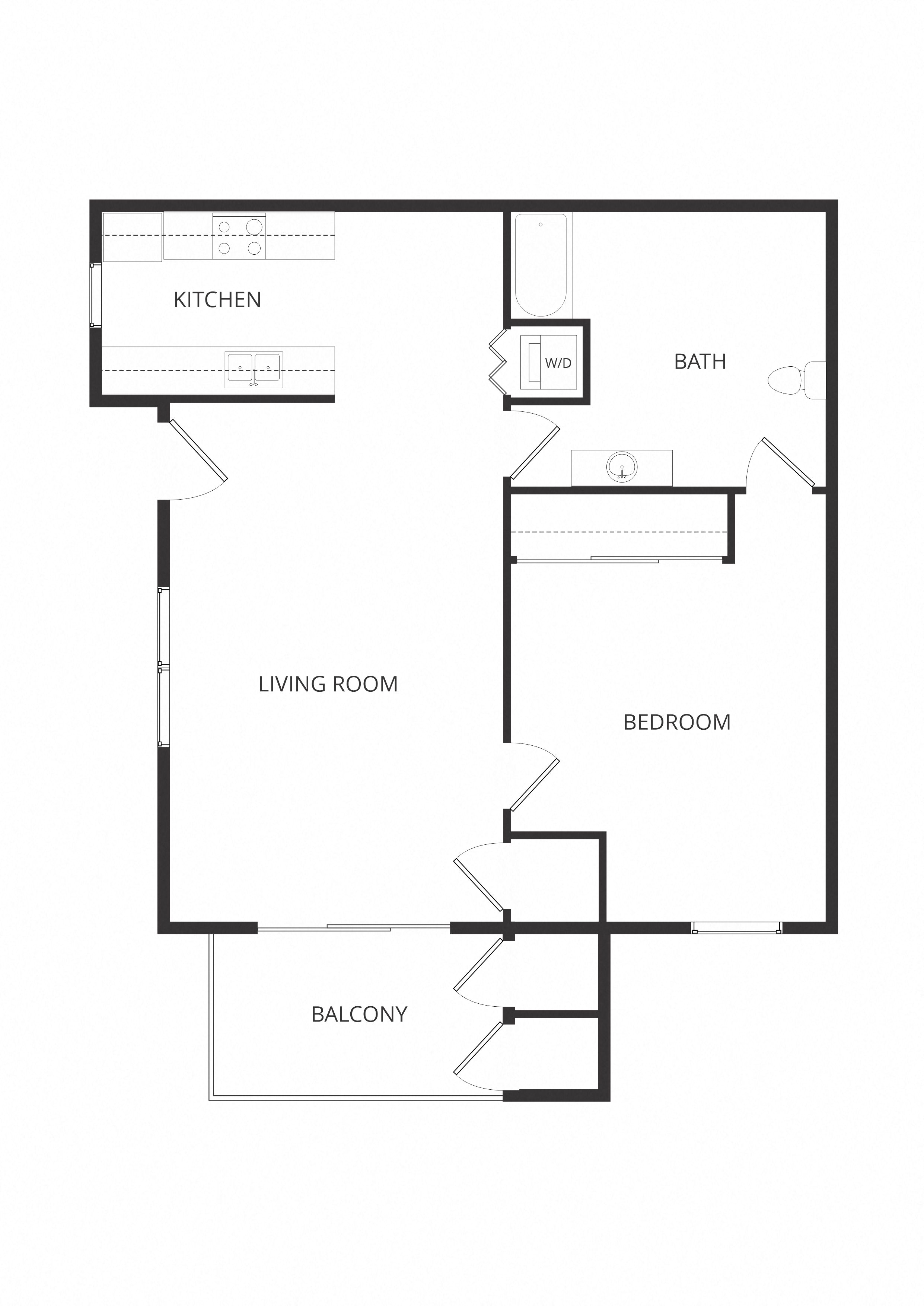 Floor plan for 1 bed, 1 bath, 710 sqft